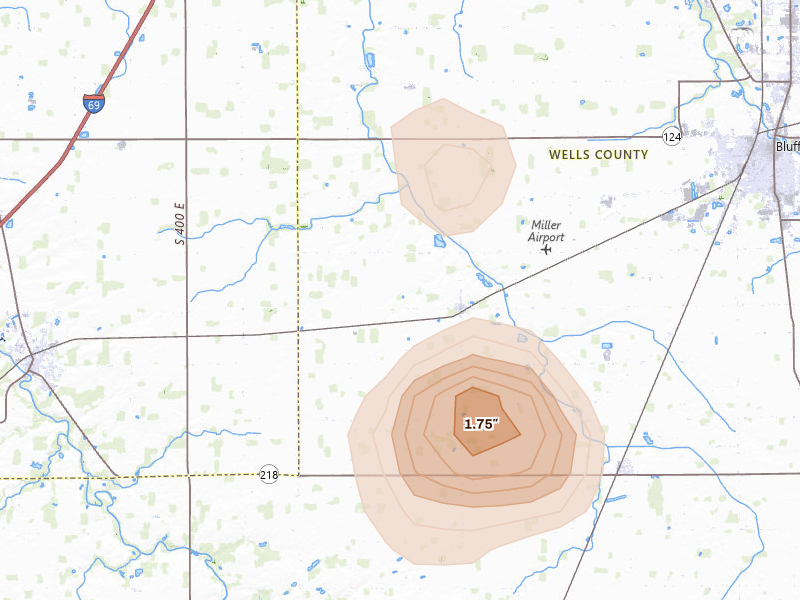 Radar-estimated hail-size map of the storm over Liberty Center, IN on Jun 10, 2026