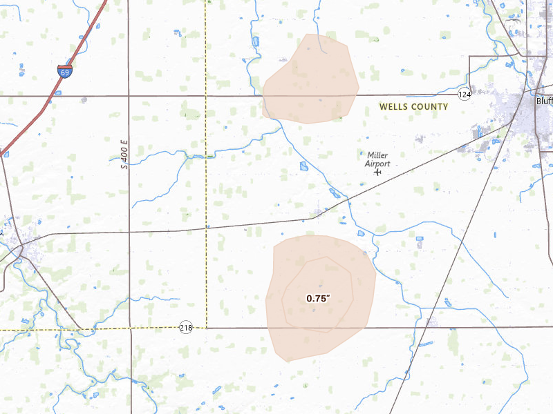 Radar-estimated hail-size map of the storm over Liberty Center, IN on Aug 30, 2026