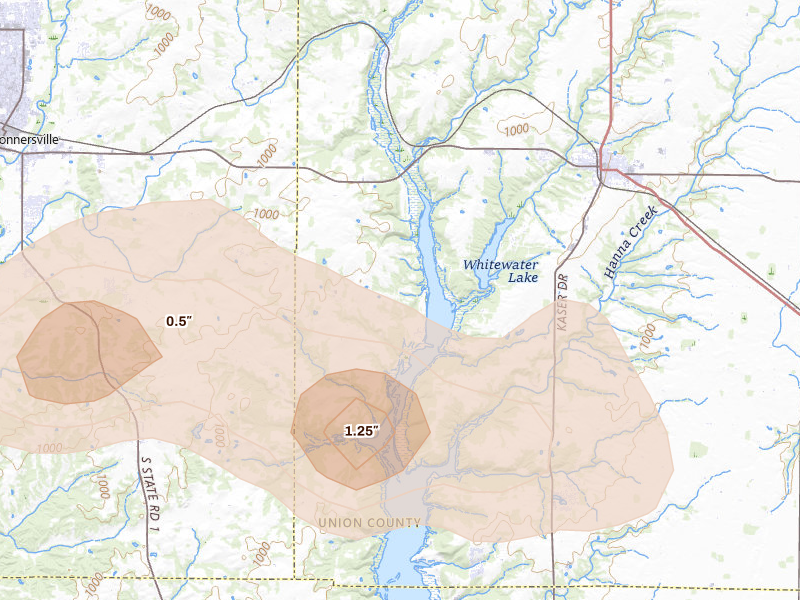 Radar-estimated hail-size map of the storm over Liberty, IN on Aug 7, 2026