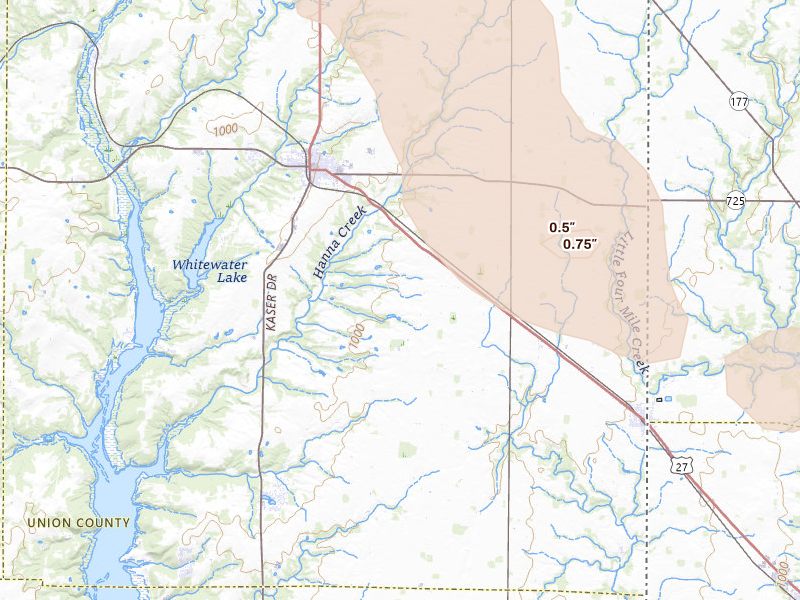 Radar-estimated hail-size map of the storm over Liberty, IN on Aug 13, 2026