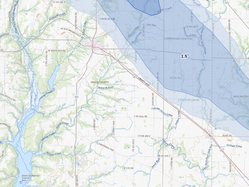NEXRAD radar-signature map of the hail storm over Liberty, IN on Aug 13, 2026