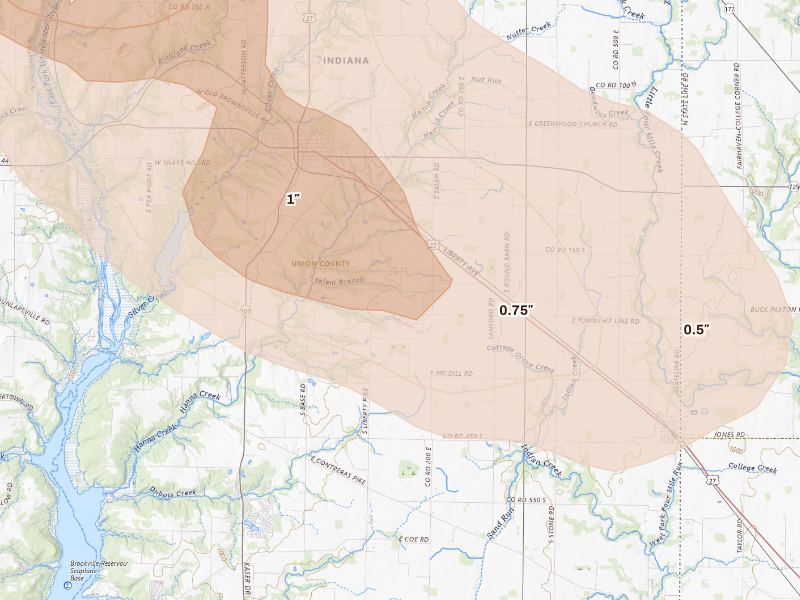 Radar-estimated hail-size map of the storm over Liberty, IN
