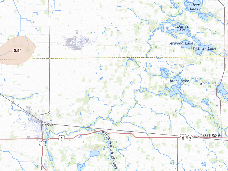 Radar-estimated hail-size map of the storm over Ligonier, IN on Mar 10, 2026