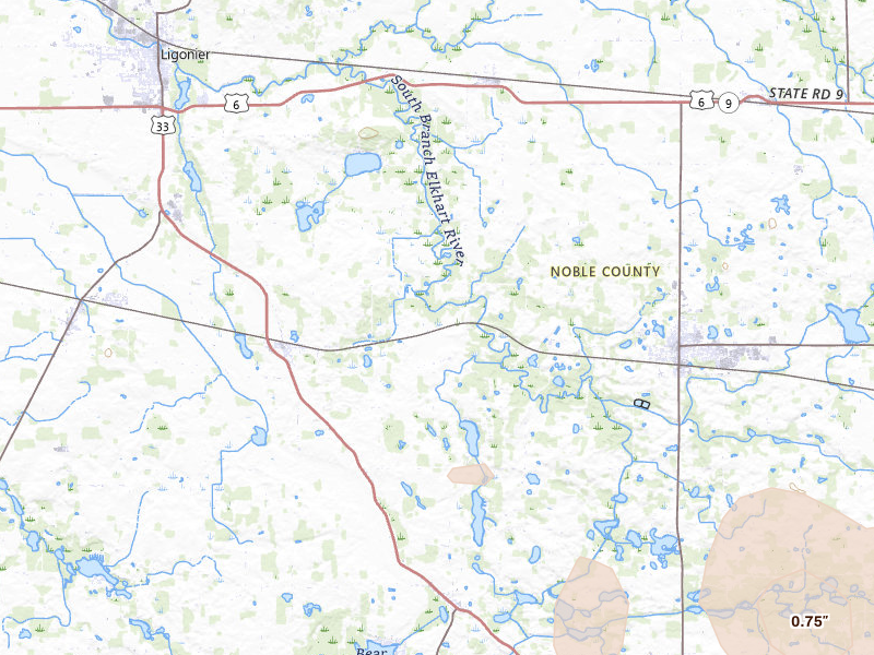 Radar-estimated hail-size map of the storm over Ligonier, IN on Mar 31, 2026
