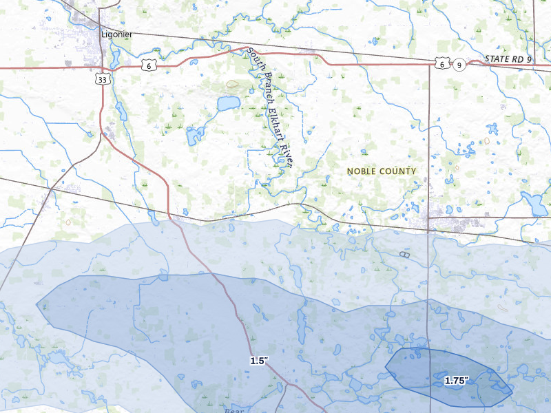 NEXRAD radar-signature map of the hail over Ligonier, IN