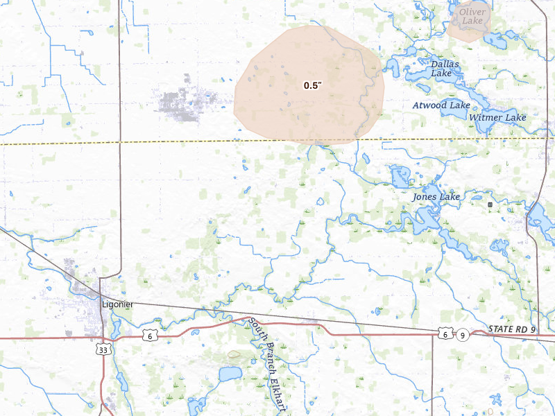Radar-estimated hail-size map of the storm over Ligonier, IN on Aug 9, 2026