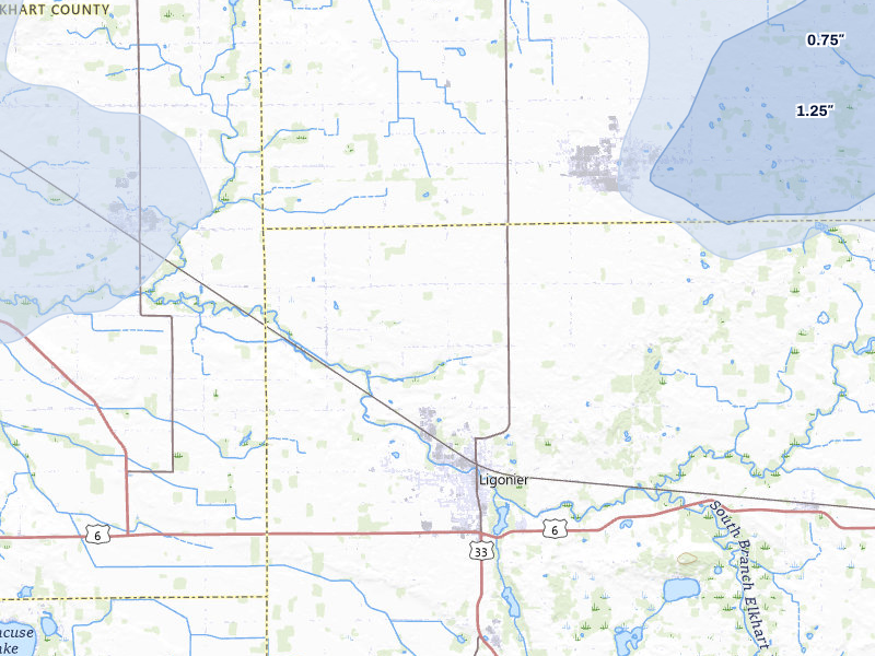 NEXRAD radar-signature map of the hail storm over Ligonier, IN on Aug 9, 2026