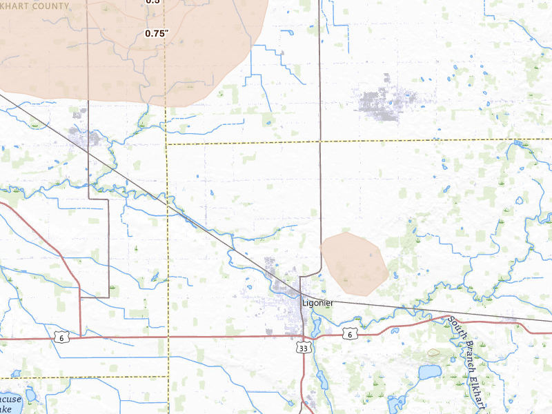 Radar-estimated hail-size map of the storm over Ligonier, IN on Aug 10, 2026
