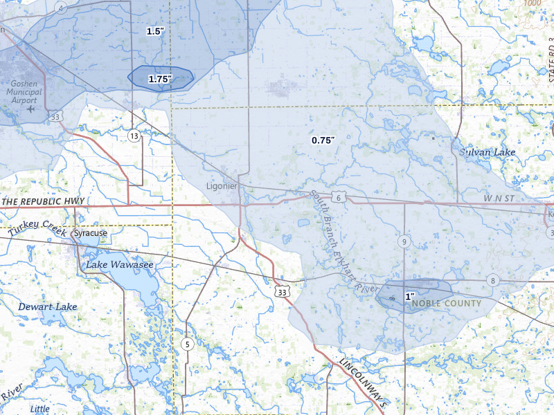 NEXRAD radar-signature map of the hail storm over Ligonier, IN on Aug 10, 2026