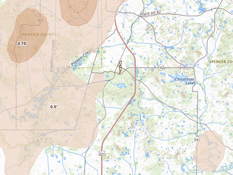 Radar-estimated hail-size map of the storm over Lincoln City, IN on Apr 27, 2026