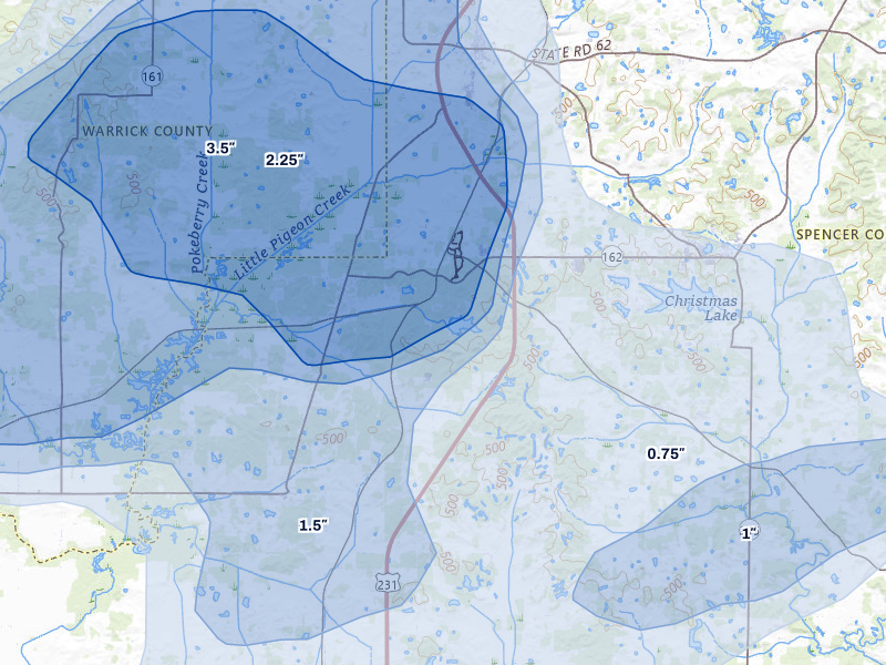 NEXRAD radar-signature map of the hail over Lincoln City, IN