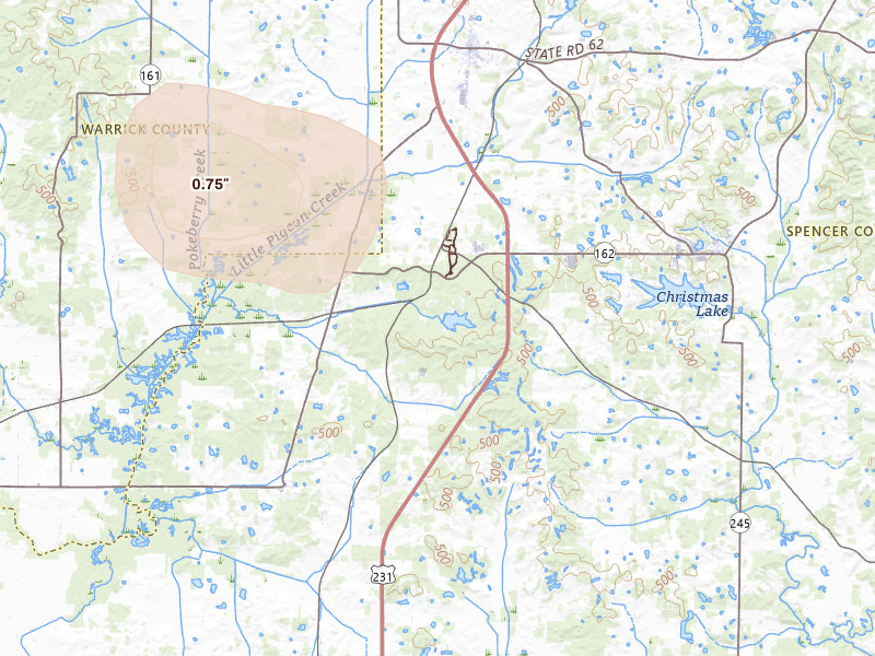 Radar-estimated hail-size map of the storm over Lincoln City, IN on Jul 9, 2026