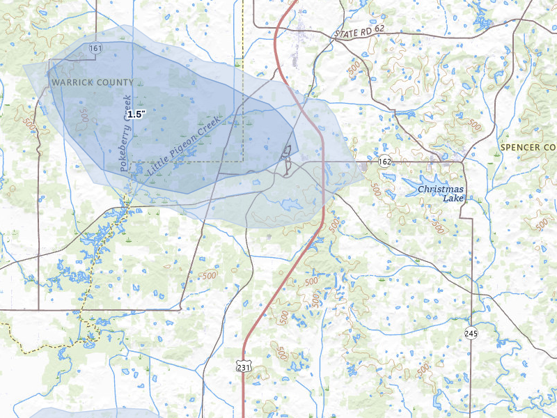NEXRAD radar-signature map of the hail storm over Lincoln City, IN on Jul 9, 2026
