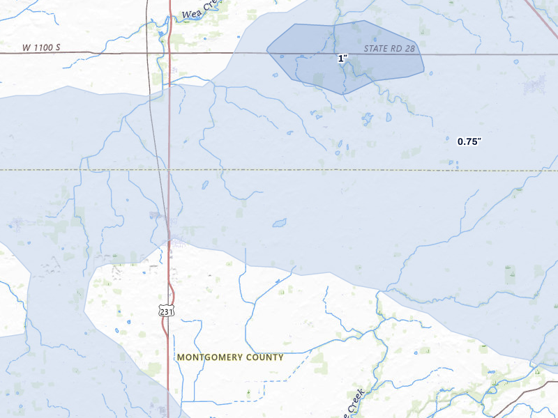 NEXRAD radar-signature map of the hail storm over Linden, IN on Mar 26, 2026