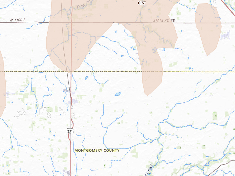 Radar-estimated hail-size map of the storm over Linden, IN on Apr 27, 2026