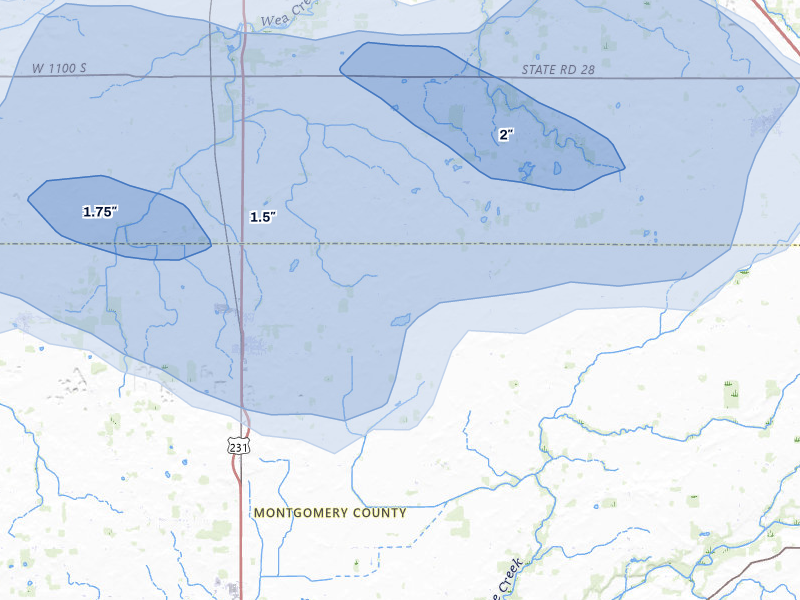 NEXRAD radar-signature map of the hail storm over Linden, IN on Apr 27, 2026