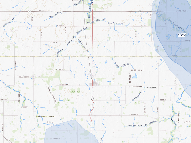 NEXRAD radar-signature map of the hail storm over Linden, IN on Sep 5, 2026
