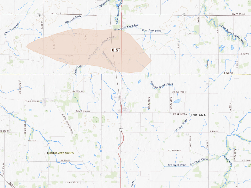 Radar-estimated hail-size map of the storm over Linden, IN