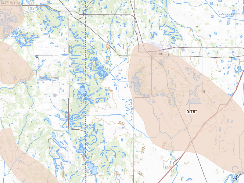 Radar-estimated hail-size map of the storm over Linton, IN on Jun 9, 2026
