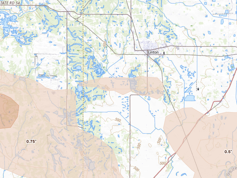 Radar-estimated hail-size map of the storm over Linton, IN on Aug 11, 2026