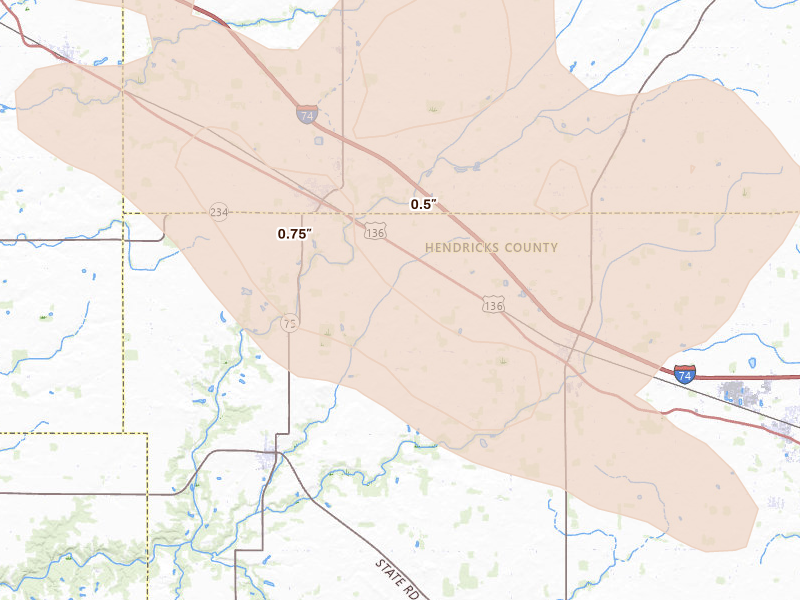 Radar-estimated hail-size map of the storm over Lizton, IN on Aug 11, 2026
