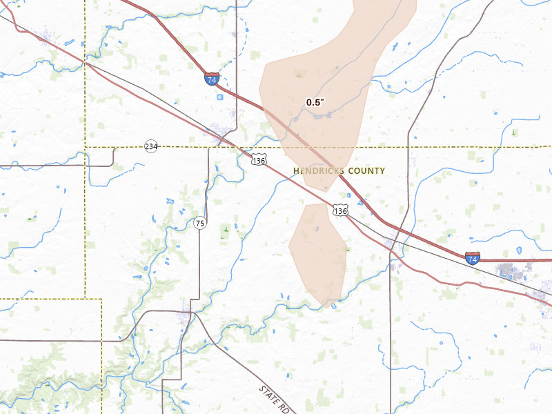Radar-estimated hail-size map of the storm over Lizton, IN on Sep 5, 2026