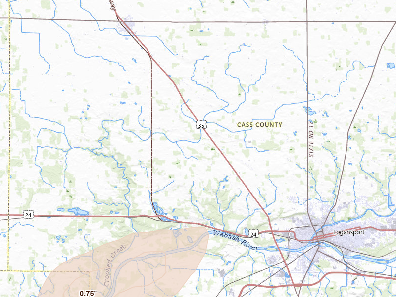 Radar-estimated hail-size map of the storm over Logansport, IN on Jul 10, 2026