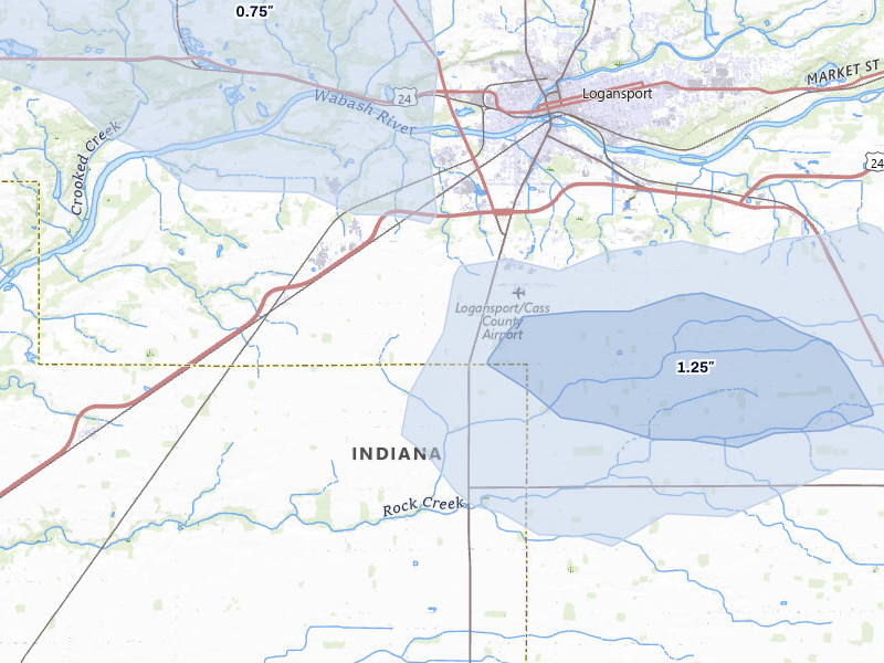 NEXRAD radar-signature map of the hail storm over Logansport, IN on Aug 10, 2026