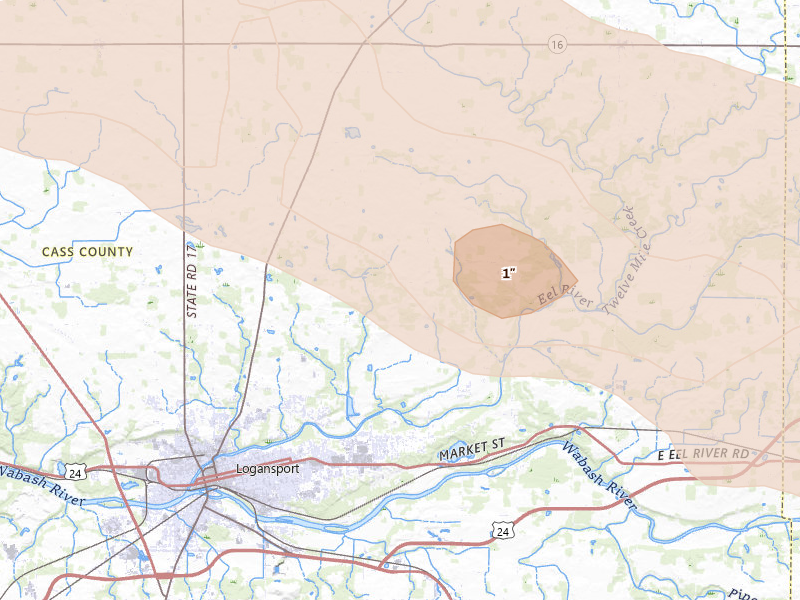Radar-estimated hail-size map of the storm over Logansport, IN on Aug 11, 2026