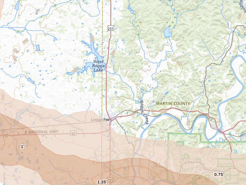 Radar-estimated hail-size map of the storm over Loogootee, IN on Mar 22, 2026