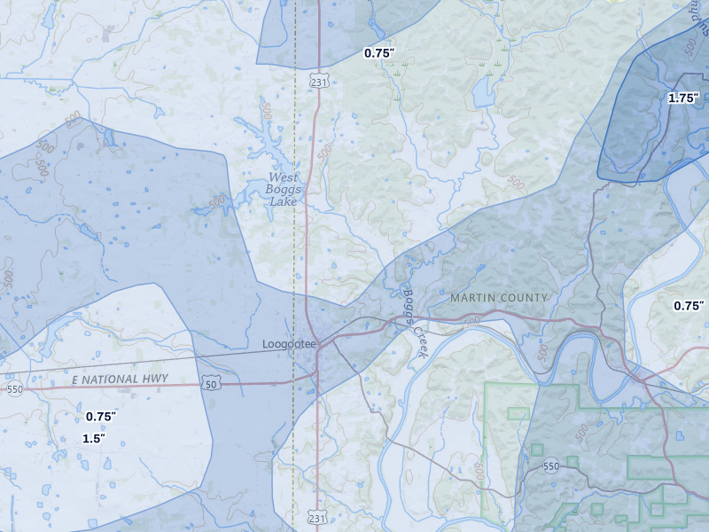 NEXRAD radar-signature map of the hail over Loogootee, IN