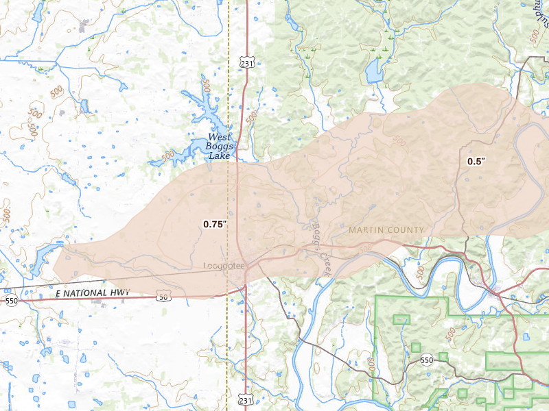 Radar-estimated hail-size map of the storm over Loogootee, IN on May 15, 2026