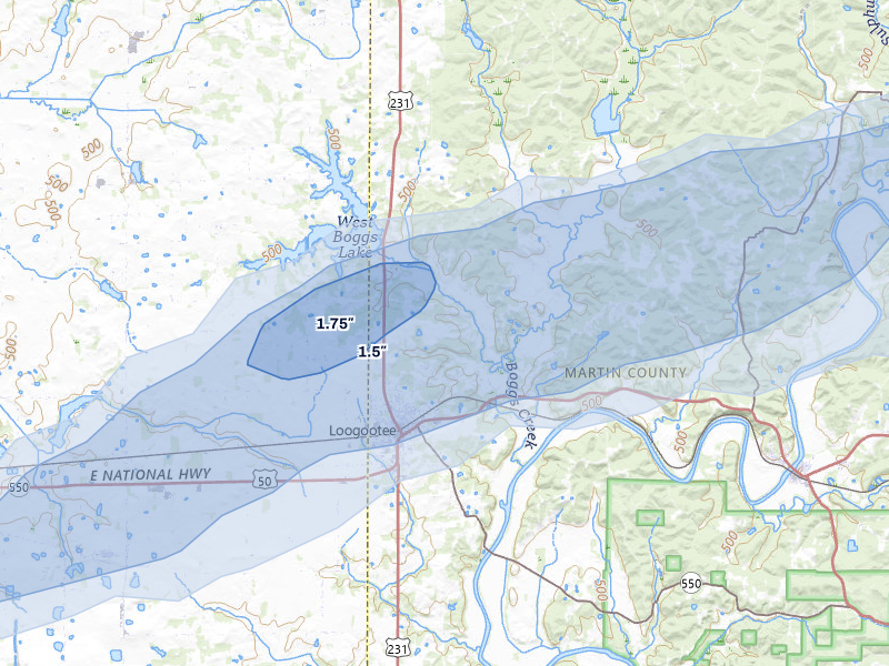 NEXRAD radar-signature map of the hail storm over Loogootee, IN on May 15, 2026