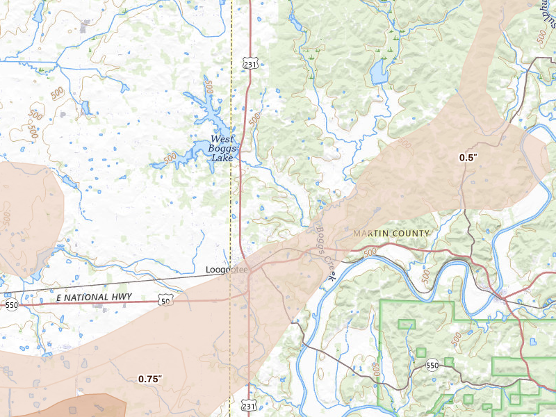 Radar-estimated hail-size map of the storm over Loogootee, IN on May 16, 2026