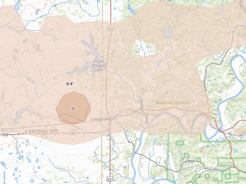Radar-estimated hail-size map of the storm over Loogootee, IN on Jun 17, 2026