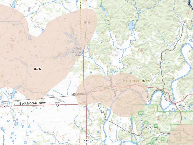 Radar-estimated hail-size map of the storm over Loogootee, IN on Jul 3, 2026