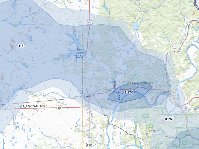 NEXRAD radar-signature map of the hail storm over Loogootee, IN on Jul 3, 2026