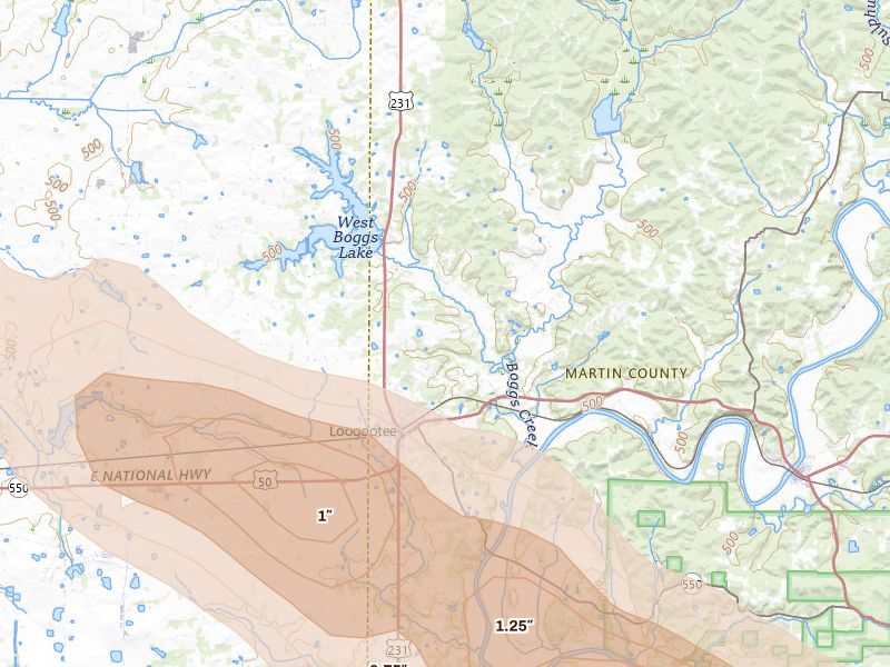 Radar-estimated hail-size map of the storm over Loogootee, IN on Jul 21, 2026