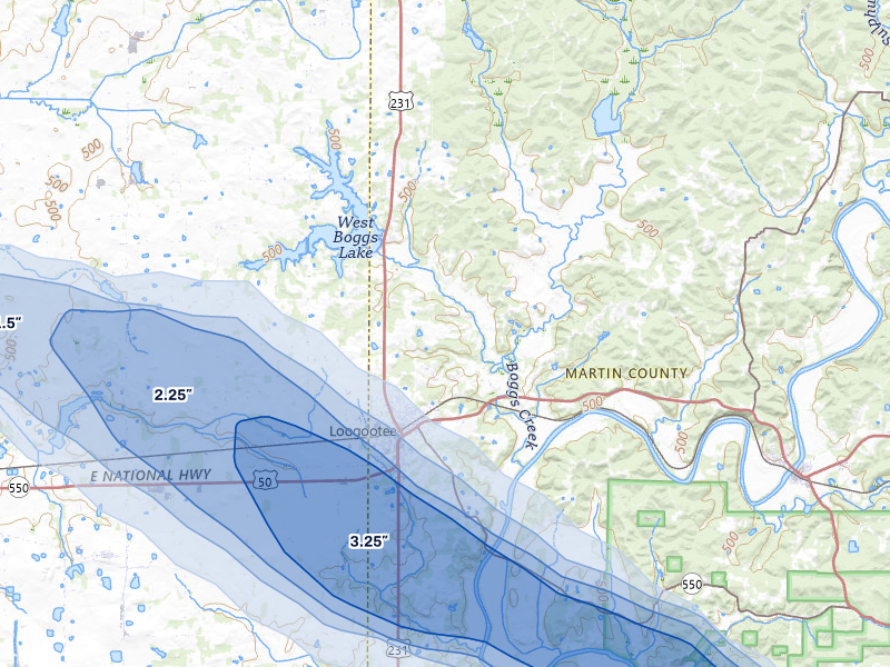 NEXRAD radar-signature map of the hail over Loogootee, IN