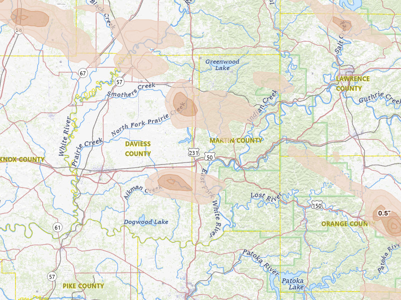 Radar-estimated hail-size map of the storm over Loogootee, IN on Aug 11, 2026