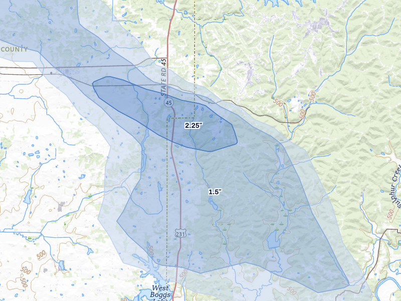 NEXRAD radar-signature map of the hail storm over Loogootee, IN on Aug 11, 2026