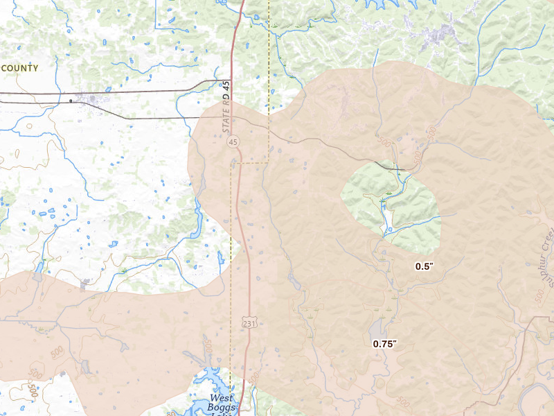 Radar-estimated hail-size map of the storm over Loogootee, IN on Aug 26, 2026