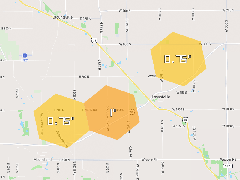 Hail map of Losantville, IN on Jul 3, 2026, hail up to 1"