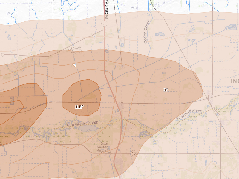 Radar-estimated hail-size map of the storm over Lowell, IN on Mar 10, 2026