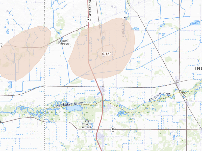 Radar-estimated hail-size map of the storm over Lowell, IN on Apr 13, 2026
