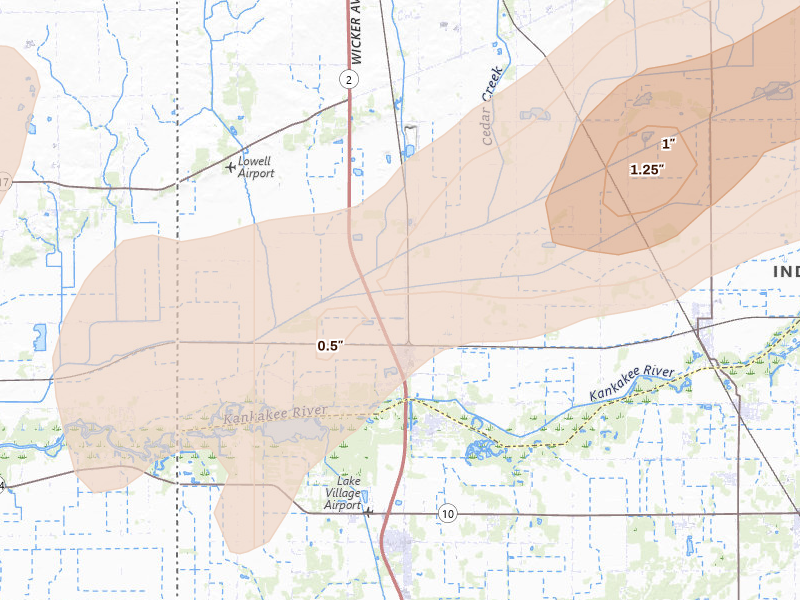 Radar-estimated hail-size map of the storm over Lowell, IN on Jun 11, 2026