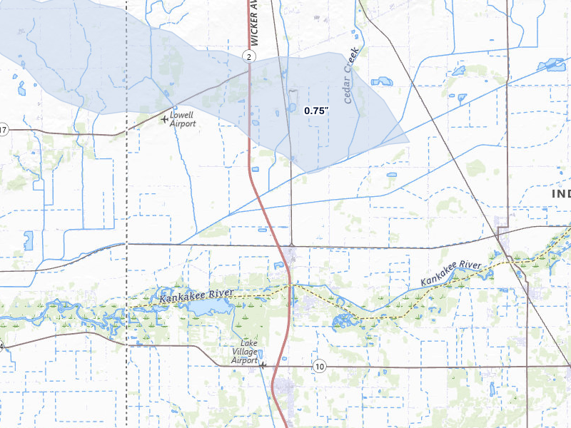 NEXRAD radar-signature map of the hail storm over Lowell, IN on Jul 20, 2026