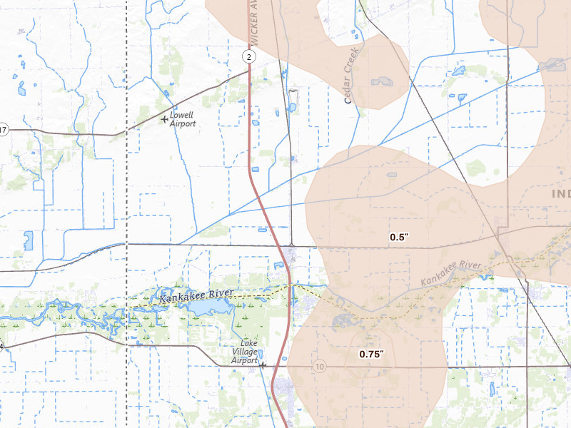 Radar-estimated hail-size map of the storm over Lowell, IN on Jul 27, 2026