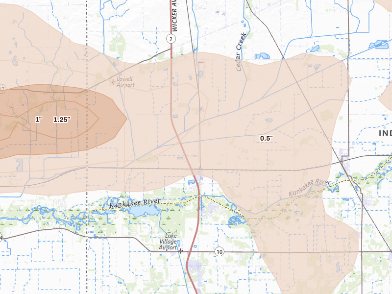 Radar-estimated hail-size map of the storm over Lowell, IN on Aug 11, 2026