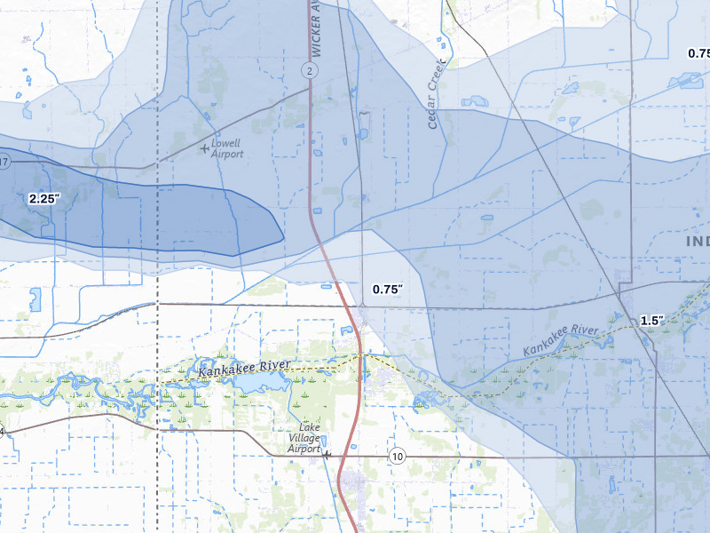 NEXRAD radar-signature map of the hail storm over Lowell, IN on Aug 11, 2026